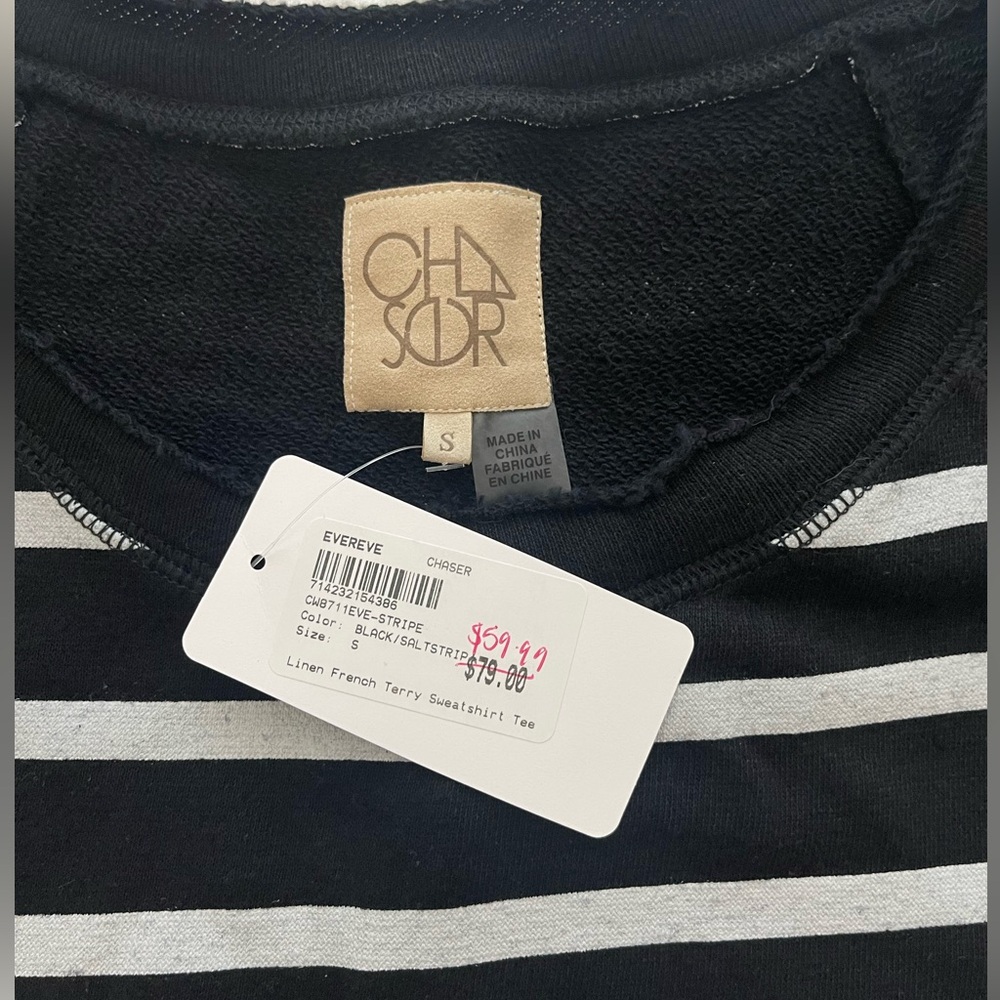 NWT Evereve Chaser Linen French Terry Short Sleeve Sweatshirt Striped Tee Size S - Picture 3 of 7